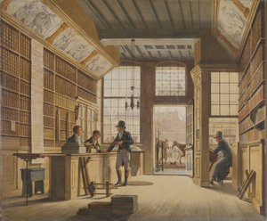 La bottega del libraio Pieter Meijer Warnars sul Vijgendam ad Amsterdam, 1820